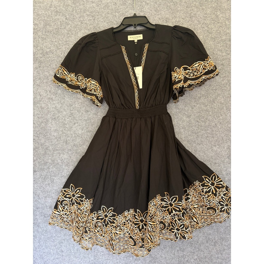 NWT Hale Bob Black Embroidered‎ Eyelet V-Neck Mini Dress NWT 54LT630A XS